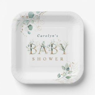 Assiettes En Carton LETTRE BOtanique D'OR Eucalyptus Baby shower