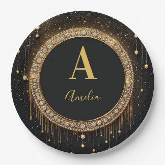 Assiettes En Carton Lettre de monogramme personnalisée avec paillettes
