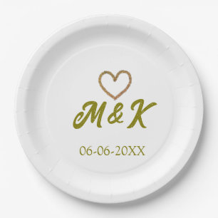 Assiettes En Carton Lettre de nom de couple de mariage à cœur doré mod
