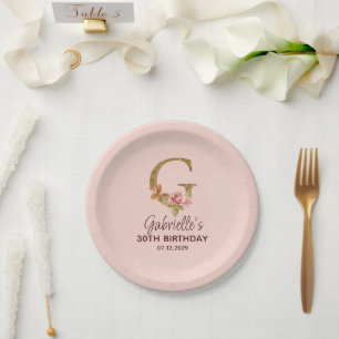 Assiettes En Carton Lettre G Monogramme Or Roses Rose Pâle