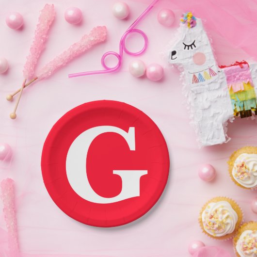 Assiettes En Carton Lettre initiale Monogramme Rouge Blanc Plaine Simp (Fête)