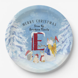 Assiettes En Carton Lettre monogramme E Noël Snowman Angel Woodland