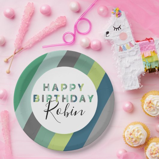 Assiettes En Carton Lettres à rayures vertes personnalisées Fête d'ann (Fête)