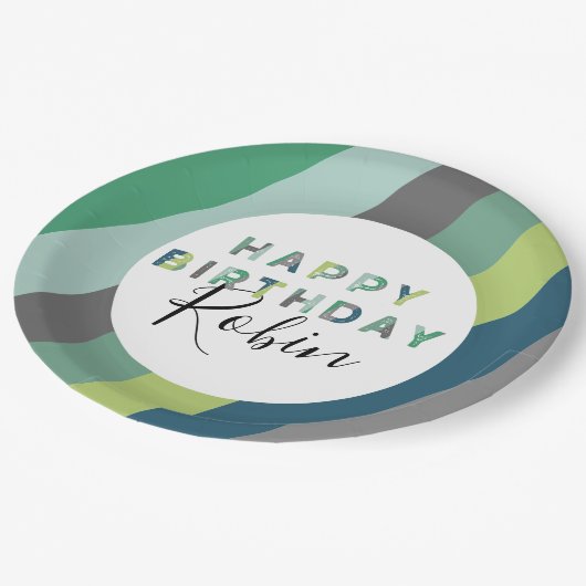 Assiettes En Carton Lettres à rayures vertes personnalisées Fête d'ann (Angle)