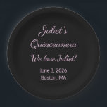 Assiettes En Carton Lettres d'amour : Quinceanera noire et rose<br><div class="desc">Une quinceanera ne se contente pas de célébrer 1 anniversaire spécifique,  spécial. Une quinceanera célèbre l'amour que les gens ont pour celui qui est honoré,  ce jour spécial. Personnalisable . Par Sharon Lee Hudson.</div>