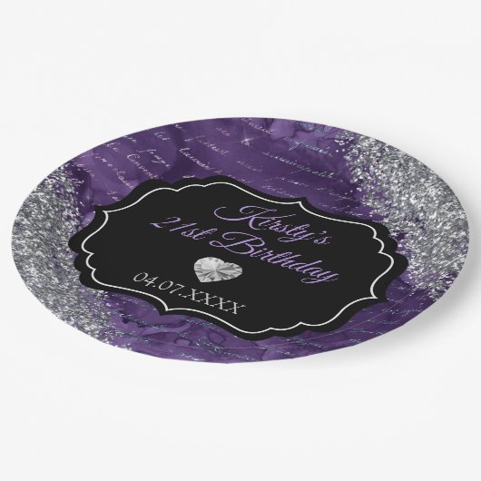 Assiettes En Carton Lettres de sirène mauve Parties scintillant d'arge (Angle)