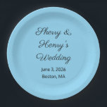 Assiettes En Carton Lettres douces Mariage bleu et noir<br><div class="desc">Ces assiettes de mariage bleu bébé ajouteront une jolie couleur à vos paramètres de table. Profitez de la réception ! Personnalisable . Par Sharon Lee Hudson.</div>