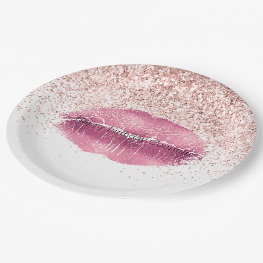 Assiettes En Carton Lèvres de Parties scintillant Glam Glitz Rose (Angle)