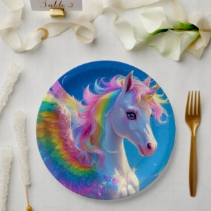 Assiettes En Carton Licorne arc-en-ciel ailée dansante