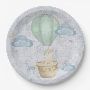 Assiettes En Carton licorne arc-en-ciel dans les nuages dans un balloo