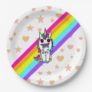 Assiettes En Carton Licorne Arc-en-Ciel Rose avec Papillon sur le Nez