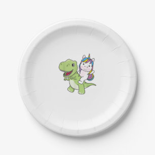 Assiettes En Carton Licorne chevauche un T-Rex, joli dinosaure avec de