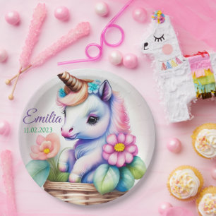 Assiettes En Carton Licorne dans un panier - motif enfant aquarelle