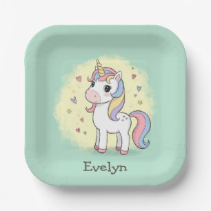 Assiettes En Carton Licorne de dessin animé mignonne avec crinière arc