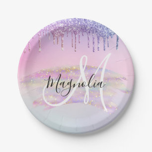 Assiettes En Carton Licorne de Glam Rainbow Ombré Paillettes Rose Mono