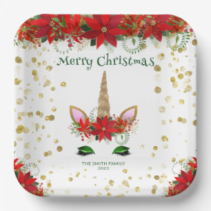 Assiettes En Carton Licorne de Noël Poinsettia avec fête de police ver
