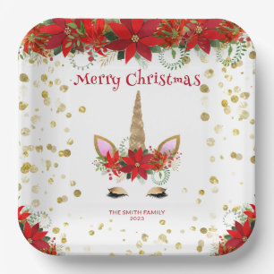 Assiettes En Carton Licorne de Noël Poinsettia avec fête en police rou