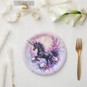 Assiettes En Carton Licorne éclairée par la lune parmi les roses oubli