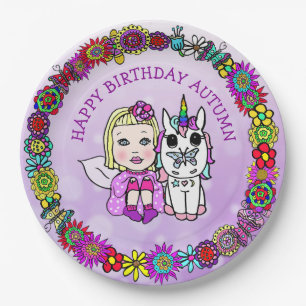 Assiettes En Carton Licorne et fée personnalisées Joyeux Anniversaire