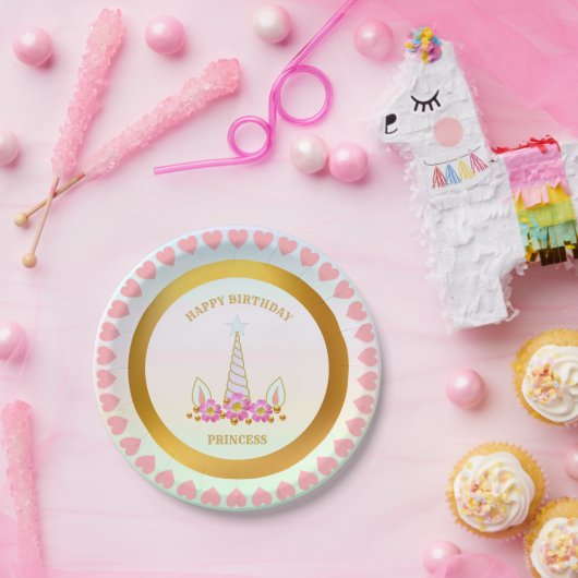 Assiettes En Carton Licorne, Fleurs, Cœurs & Points Dorés (Fête)