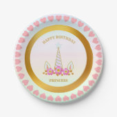 Assiettes En Carton Licorne, Fleurs, Cœurs & Points Dorés (Devant)