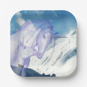 Assiettes En Carton Licorne Maman et Bébé de la Montagne enneigée