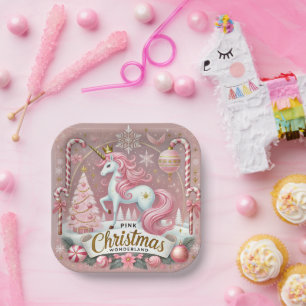 Assiettes En Carton Licorne merveilleuse de Noël rose 