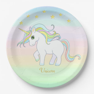 Assiettes En Carton Licorne mignonne et étoiles sur des couleurs paste