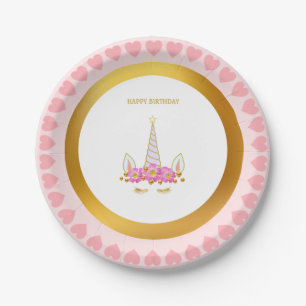 Assiettes En Carton Licorne Mignonne, Fleurs et Confettis Dorés Annive