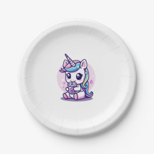 Assiettes En Carton Licorne mignonne mangeant de la soupe de nouilles