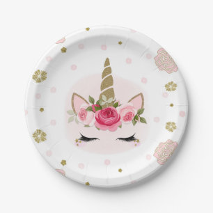 Assiettes En Carton Licorne Or Fleurs Roses Fleurit Mignon Tendance Fê