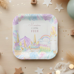 Assiettes En Carton Licorne pastel arc-en-ciel aquarelle joyeux annive