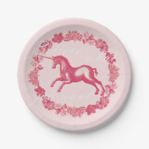 Assiettes En Carton Licorne rose et fleurs