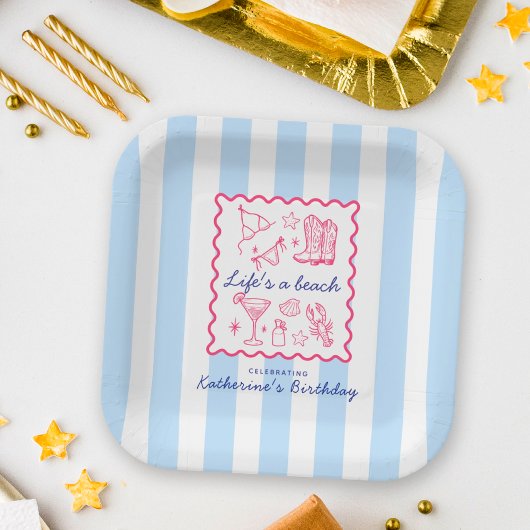 Assiettes En Carton Life's a Beach Summer Blue Stripes Birthday Party
