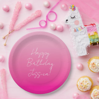 Assiettes En Carton Light and Hot Pink Ombre Happy Birthday