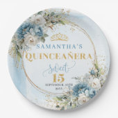 Assiettes En Carton Light Blue Boho Floral Eucalyptus Gold Glitter  (Devant)