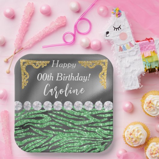 Assiettes En Carton Light Green Zebra Print & Gold Silver Anniversaire (Fête)