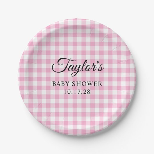 Assiettes En Carton Light Pink Gingham Plaid Baby Shower (Devant)