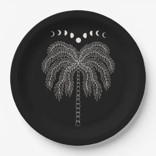 Assiettes En Carton Ligne de palmier dessin blanc noir phases de lune