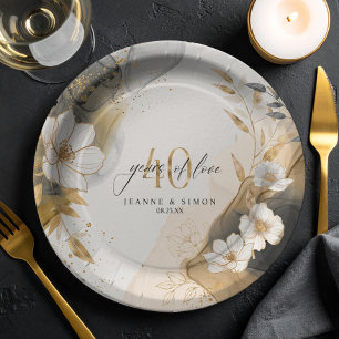 Assiettes En Carton Ligne dorée Floral 40e Anniversaire ID1169