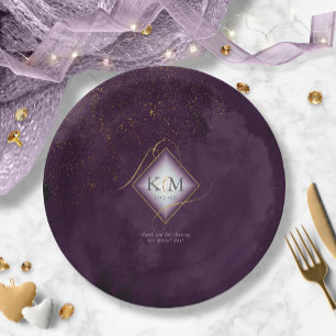 Assiettes En Carton Lignes fines Gold Abstrait Mariage V2 Plum ID867