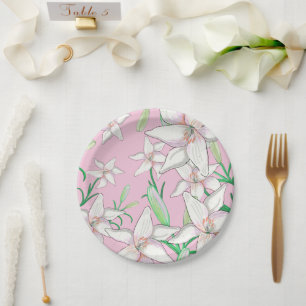 Assiettes En Carton Lillies blanches sur la feuille d'Arrière - plan r