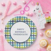 Assiettes En Carton Lime Green, Navy et bleu turquoise Plaid (Fête)