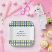 Assiettes En Carton Lime Green, Navy et bleu turquoise Plaid (Fête)