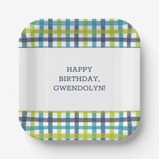 Assiettes En Carton Lime Green, Navy et bleu turquoise Plaid (Recto)