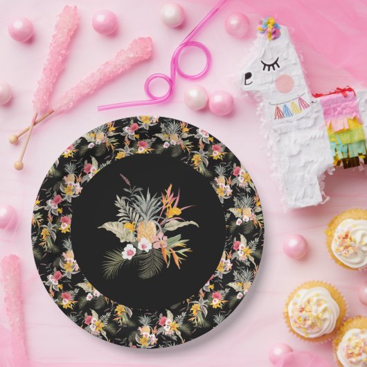 Assiettes En Carton Liquide d'hibiscus d'ananas tropical sur noir (Fête)