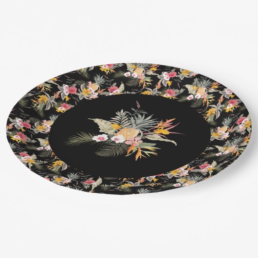 Assiettes En Carton Liquide d'hibiscus d'ananas tropical sur noir (Angle)