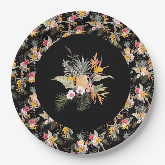 Assiettes En Carton Liquide d'hibiscus d'ananas tropical sur noir (Devant)