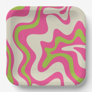 Assiettes En Carton Liquide Swirl Retro Abstrait Motif Hot rose Lime