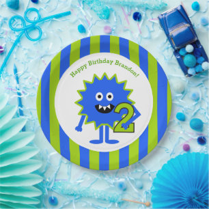 Assiettes En Carton Little Boy Monster 2e anniversaire Blue Green Stri